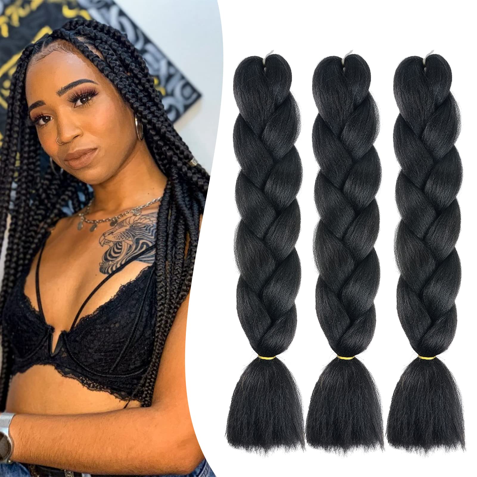 24" Braiding Hair Extension Jumbo Braids Synthetic 3bundles/pack Crochet Hair Afro Box Braid Heat Resistent (Black) โ image 1