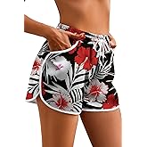 NILOINE Women's Drawstring Board Shorts Floral Beach Swimming Shorts Summer Sports Swim Trunks Swimsuit Bottoms with Pockets