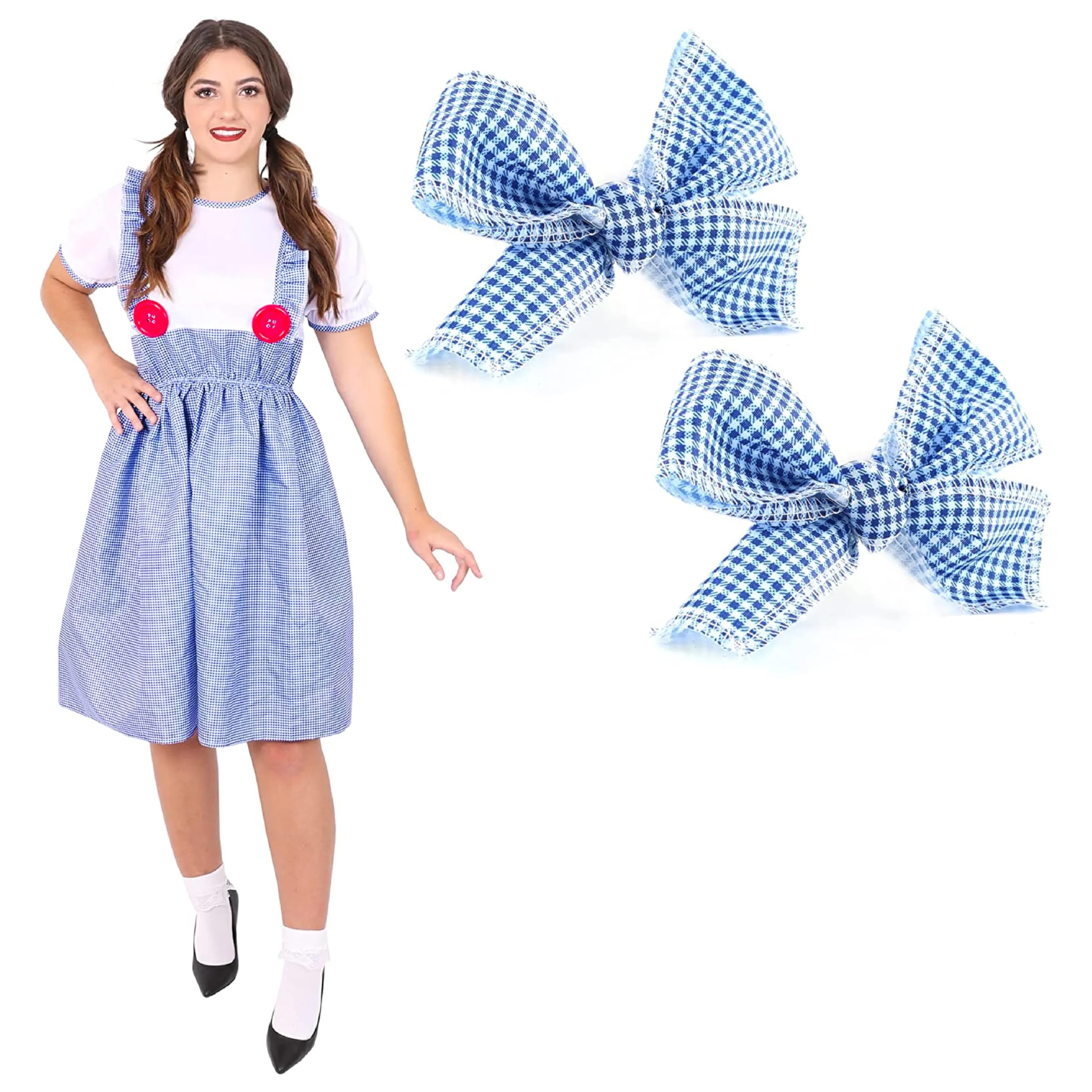 Ladies Dorothy Kansas Girl Costume - XX-Large - Blue Gingham Pinafore Dress, Matching Hair Ties - Adults Womens TV Film School Book Week World Book Day Fancy Dress Costume