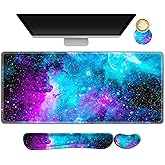 AIMSA Large Gaming Mouse Pad Set, Keyboard Wrist Rest Support Mouse Pad, Ergonomic Memory Foam Multifunctional Extended Desk Mat 35x15.7in Anti-Slip Rubber Base, Galaxy Nebula Universe
