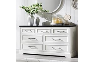 ACCOHOHO 7 Drawer Dresser, Farmhouse Chest of Drawers for Bedroom, 52" Wide Dresser TV Stand with Large Metal Handles, Wood Drawer Organizer for Living Room, Hallway - Off White