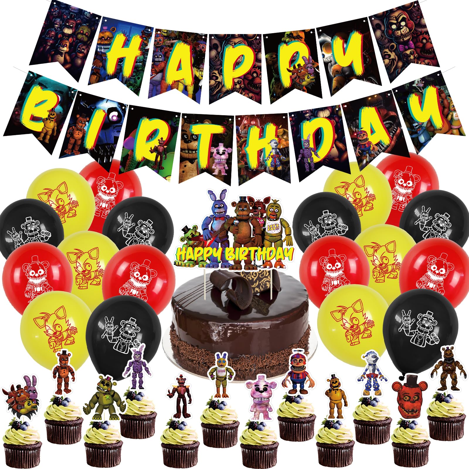 Freddy's Birthday Party Decorations, 5 Nights Decorations include Banner, Cake Toppers, Balloons for Kids Teens Adults Birthday Party Supplies (Black)