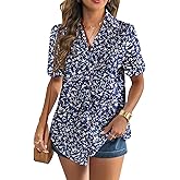 Zeagoo Women Linen Button Down Shirt Rolled Cuffed Short Sleeve Blouse Ladies Summer Casual V Neck Beach Cotton Tops