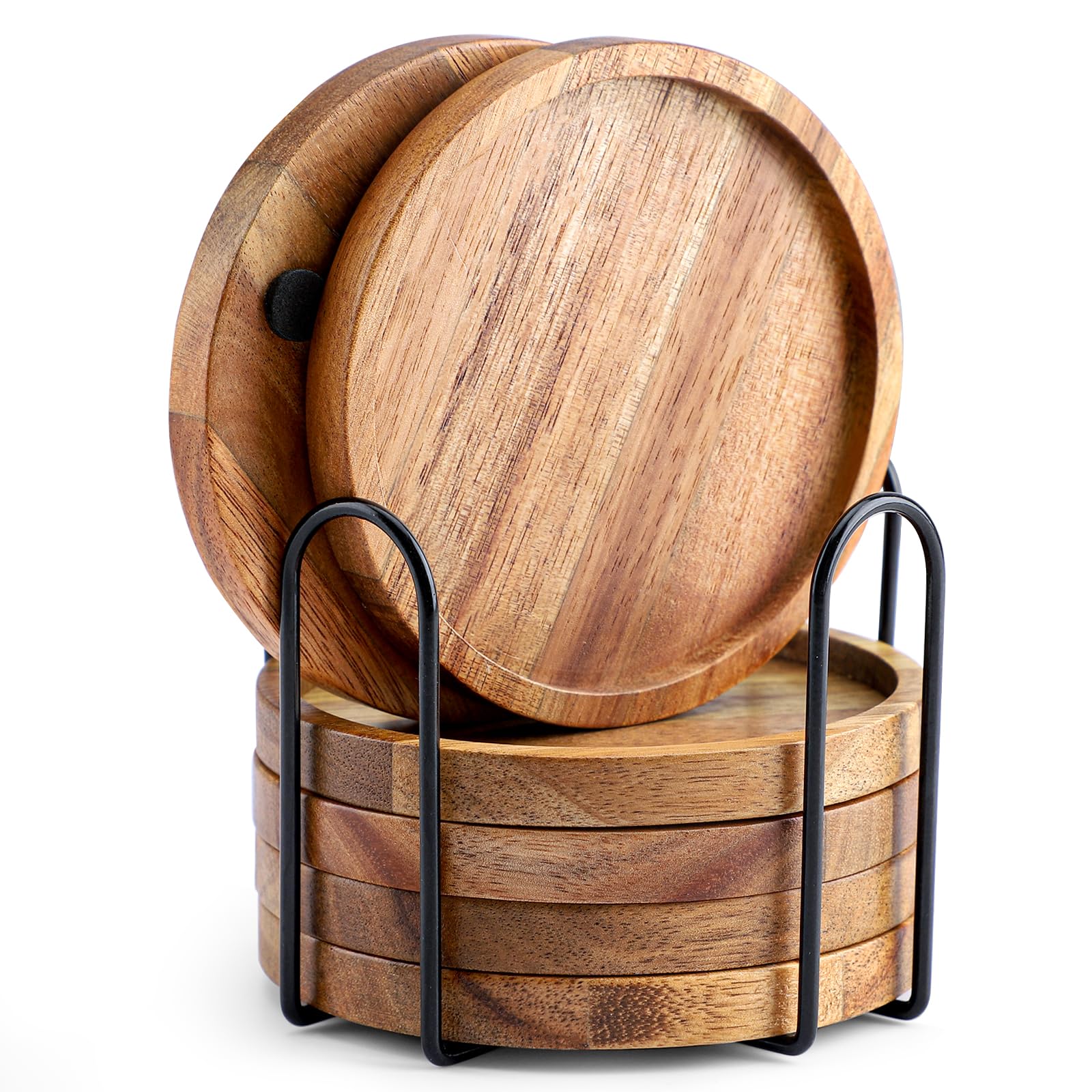 WLWNWFT Round Wooden Coasters for Glasses, Set of 6, Acacia Wood Coasters with Holder, Glass Coasters for Drinks, Bar, Cups, Glass