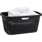 Mind Reader 40L Laundry Basket, Linen Design Clothes Hamper, Plastic Storage Bin with Handles, Black