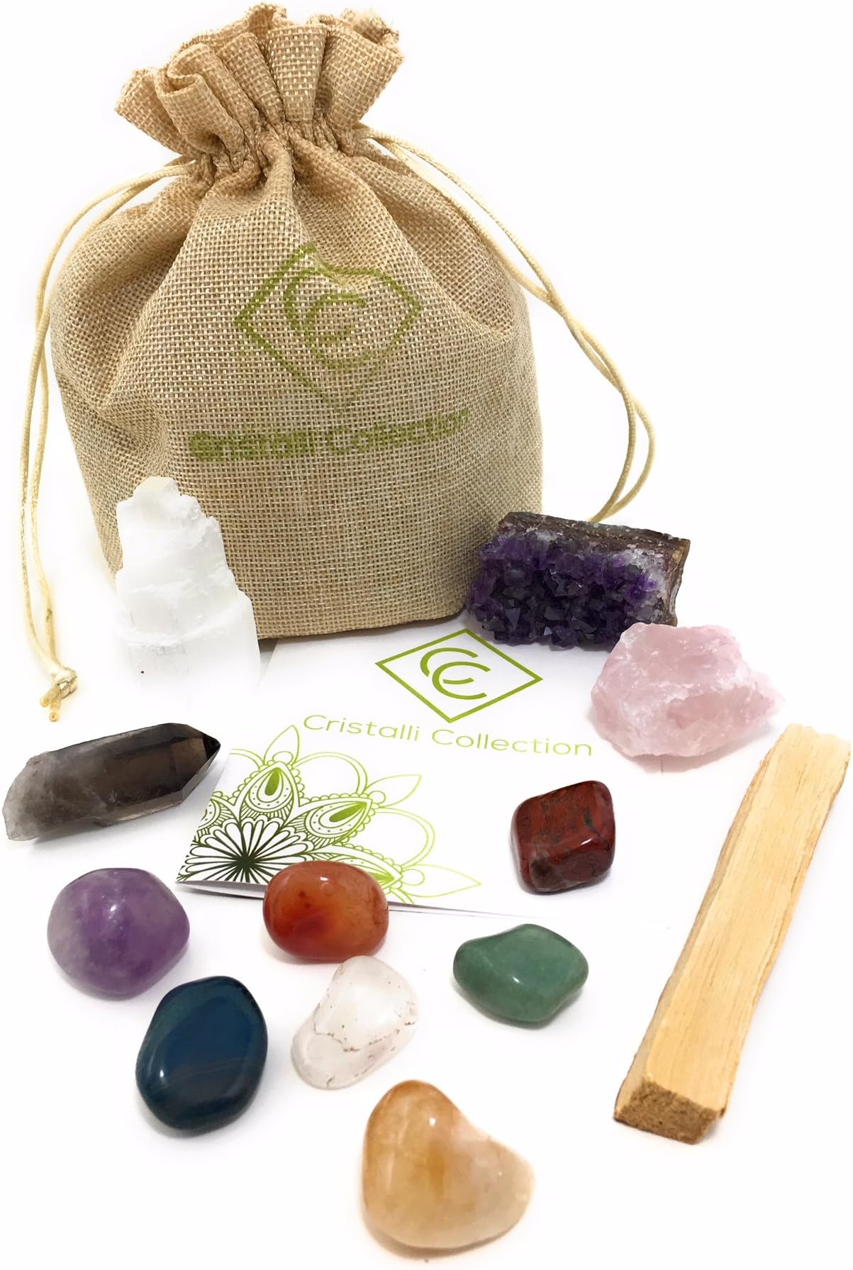 Cristalli Collection Crystals and Healing Stones-12 Piece Set -7 Chakra Tumbled Stones - Amethyst Cluster - Raw Rose Quartz - Smokey Quartz Point - Selenite Tower - Palo Santo - Bonus Gift E-Book