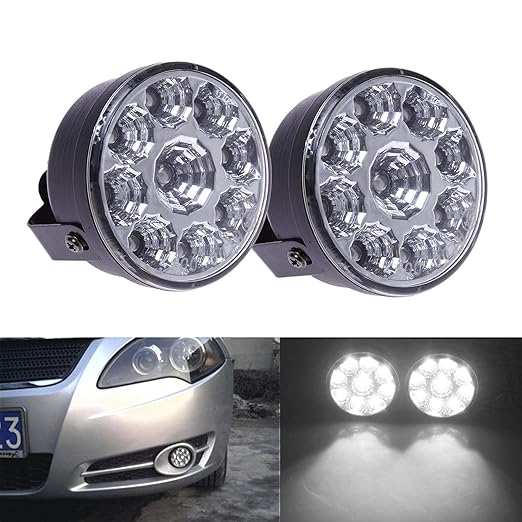 AR 12V Round 9 LED White Car Daytime Running Lamp Driving Fog Light Bulbs DRL 1 Pair Amazon.co