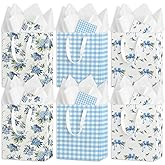 Beautiful Gift Bags Set of 6 - Blue Hydrangea Flowers Medium Sized 9" Bags with Handles incl. Matching Tissue Paper Cards - Reusable & For Presents of Any Birthday,Bridal Shower,Anniversary,Weddings