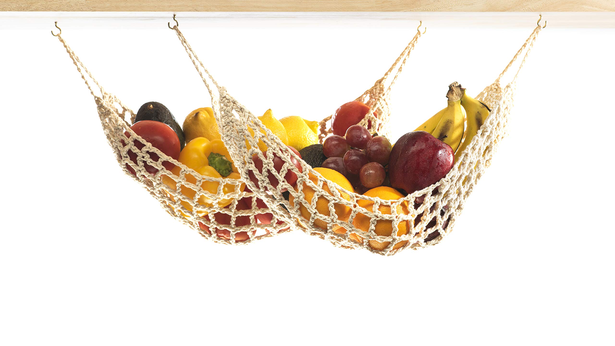 2 Pack Hanging Fruit Hammock - 2 Handwoven Cotton Veggie or Banana Hammocks Under Cabinet + 4 PCS Hooks - Kitchen Storage That Saves Counter Space at Home, Boat, or Rv - Hang on Furniture Handles