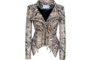 chouyatou Women's Fashion Snake Pattern Print Studded Moto Pu Leather Biker Jacket