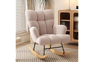 VIRRMO Glider Rocking Chair Nursery, Comfy Accent Chair Armchair with High Backrest Teddy Soft Upholstered Living Room Chairs (Beige)