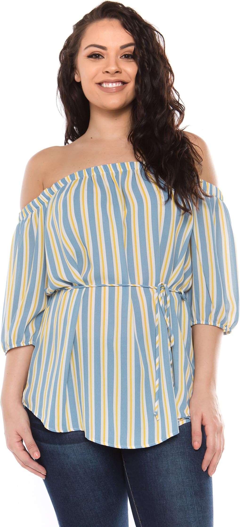 Bubble B Women's Plus Size Off The Shoulder Woven Striped Top