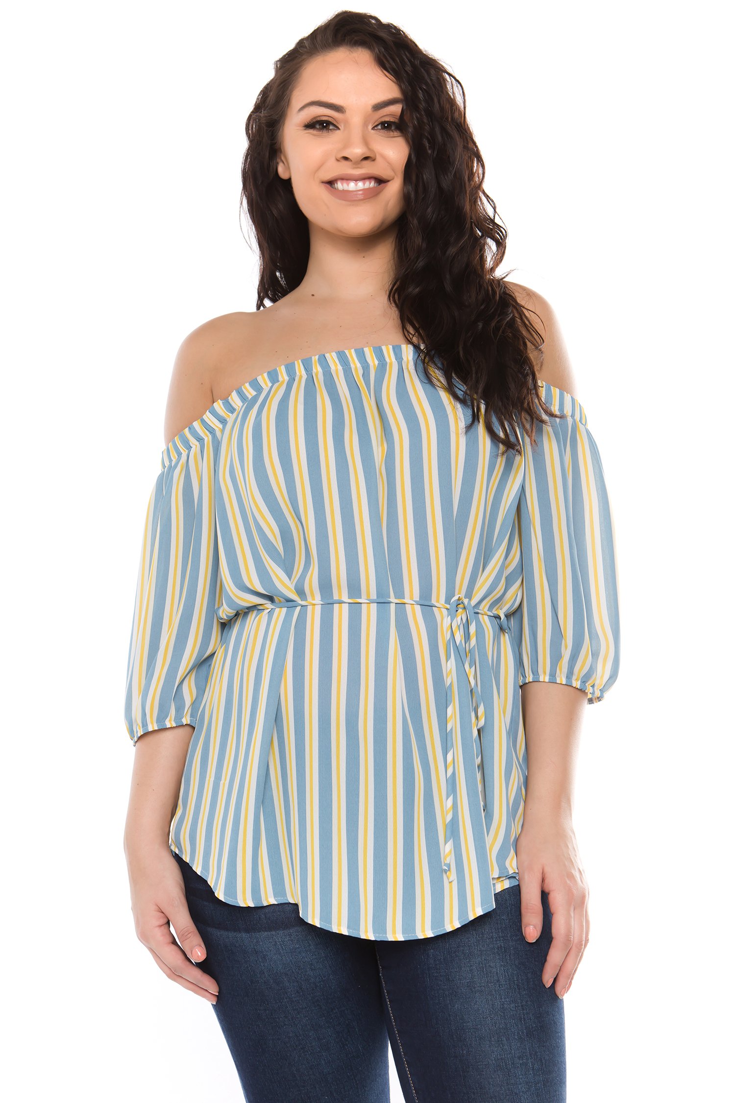 Bubble B Women's Plus Size Off The Shoulder Woven Striped Top