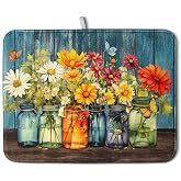 Daisy Dish Drying Mat for Kitchen Counter 18x24 Inch Rustic Vintage Flower Vases Drying Mats Microfiber Absorbent Dishes Drainer Mats Farmhouse Floral Wooden Board Dish Rack Pad