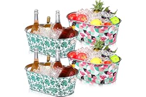 Ninehaoou 4 Pcs Ice Buckets for Parties 4 Gallon Metal Galvanized Beverage Tub Insulated Drink Tub Beer Bucket Tiki Drink Bins with Handle for Wine Champagne Cocktail Beverage Bottle Cooler(Tropical)