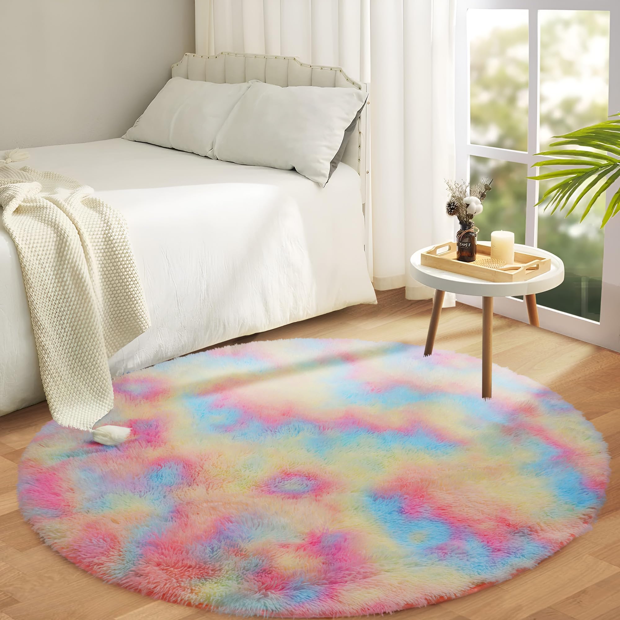Aspire Homeware Round Rugs Living Room - Rainbow Area Rugs 120x120cm for Bedroom Anti Slip - Modern Super Soft Thick Pile Small Fluffy Shaggy Rug Non Shedding
