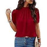 BTFBM Women Blouses 2026 Dressy Casual Summer Tops Mock Neck Lace Trim Short Sleeve Business Work Shirts Spring Clothes