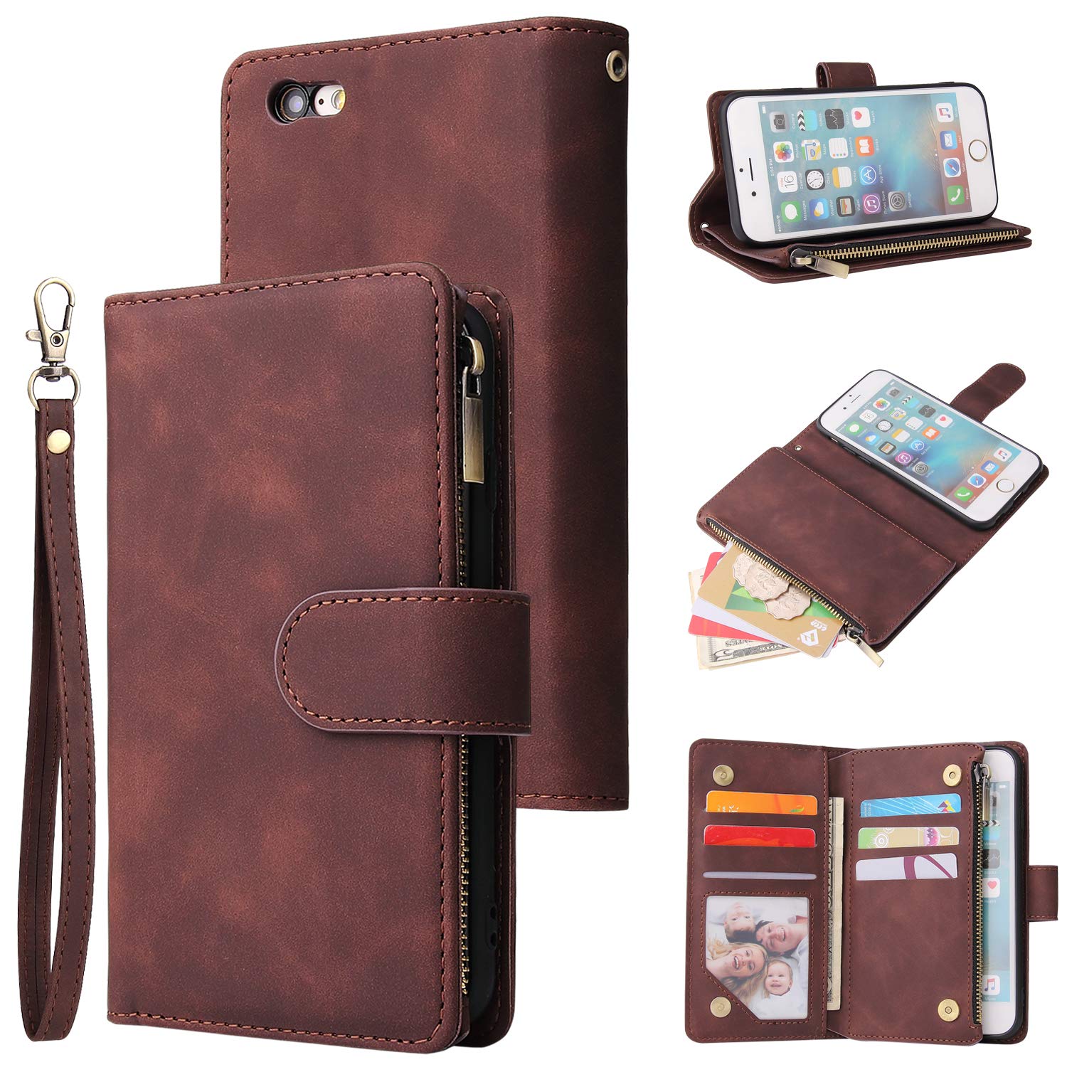 UEEBAI Wallet Case for iPhone 6 6S, Premium Vintage PU Leather Magnetic Closure Handbag Zipper Pocket Case Kickstand Card Holder Slots with Wrist Strap TPU Shockproof Flip Cover - Coffee