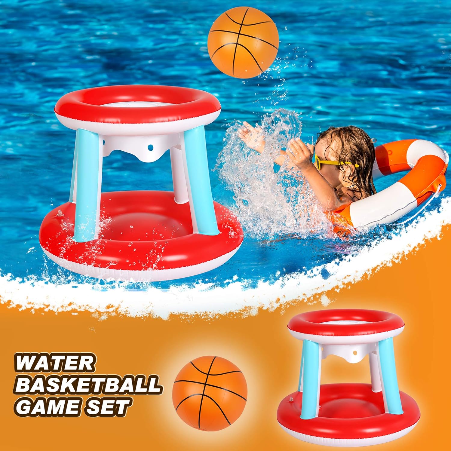 Pool Floats Toys, Inflatable Pool Volleyball Set & 3 Balls with Basketball Hoops Party Swimming Game Toy for Kids and Adults, Floating Water Play Gift Summer Floaties, Volleyball Net (115”x30”x37”): Sports & Outdoors