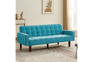 Betoko Linen Futon Sofa Couch 73.6" Fabric Upholstered Convertible Sofa Bed Minimalist Button Tufted Small 3 Seater Sleeper Futon Couch Set for Living Room Bedroom (Blue)