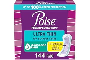 Poise Ultra Thin Incontinence Pads & Postpartum Pads for Bladder Leaks, 3 Drop Light Absorbency, Regular Length, 144 Count, Packaging May Vary