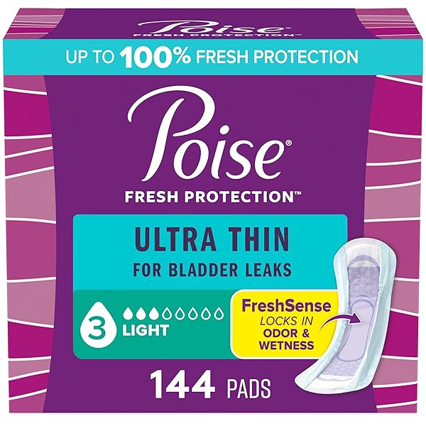 POISE ULTRA THIN INCONTINENCE PADS & POSTPARTUM PADS FOR BLADDER LEAKS, 3 DROP LIGHT ABSORBENCY, REGULAR LENGTH, 144 COUNT, PACKAGING MAY VARY