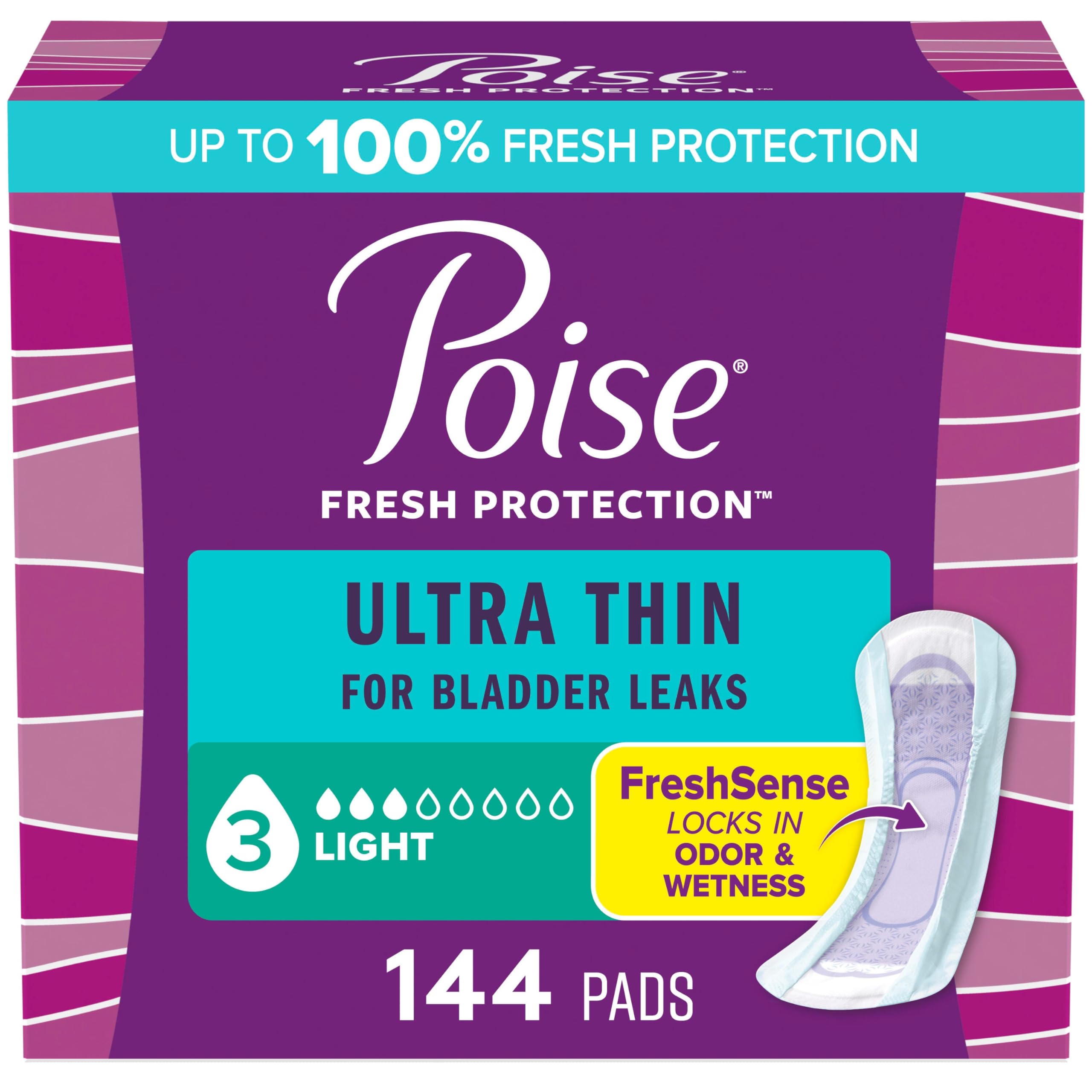 Photo 1 of Poise Ultra Thin Incontinence Pads & Postpartum Pads for Bladder Leaks, 3 Drop Light Absorbency, Regular Length, 144 Count, Packaging May Vary