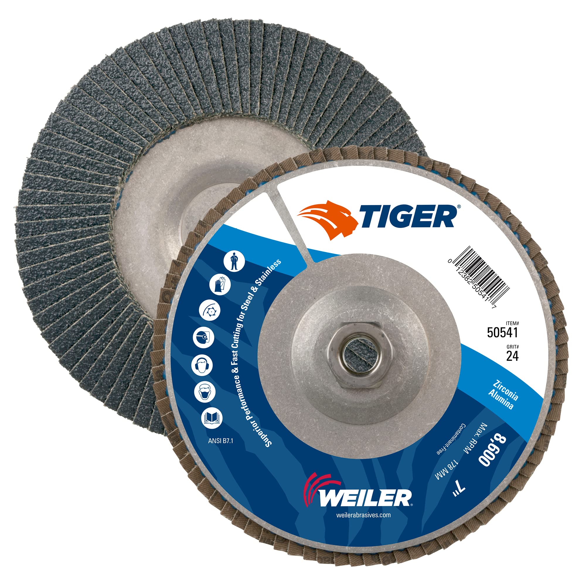 Weiler 50541 7" Tiger Disc Abrasive Flap Disc, Conical (TY29), Aluminum Backing, 24Z, 5/8"-11 UNC NUT, Made in the USA (Pack of 10)