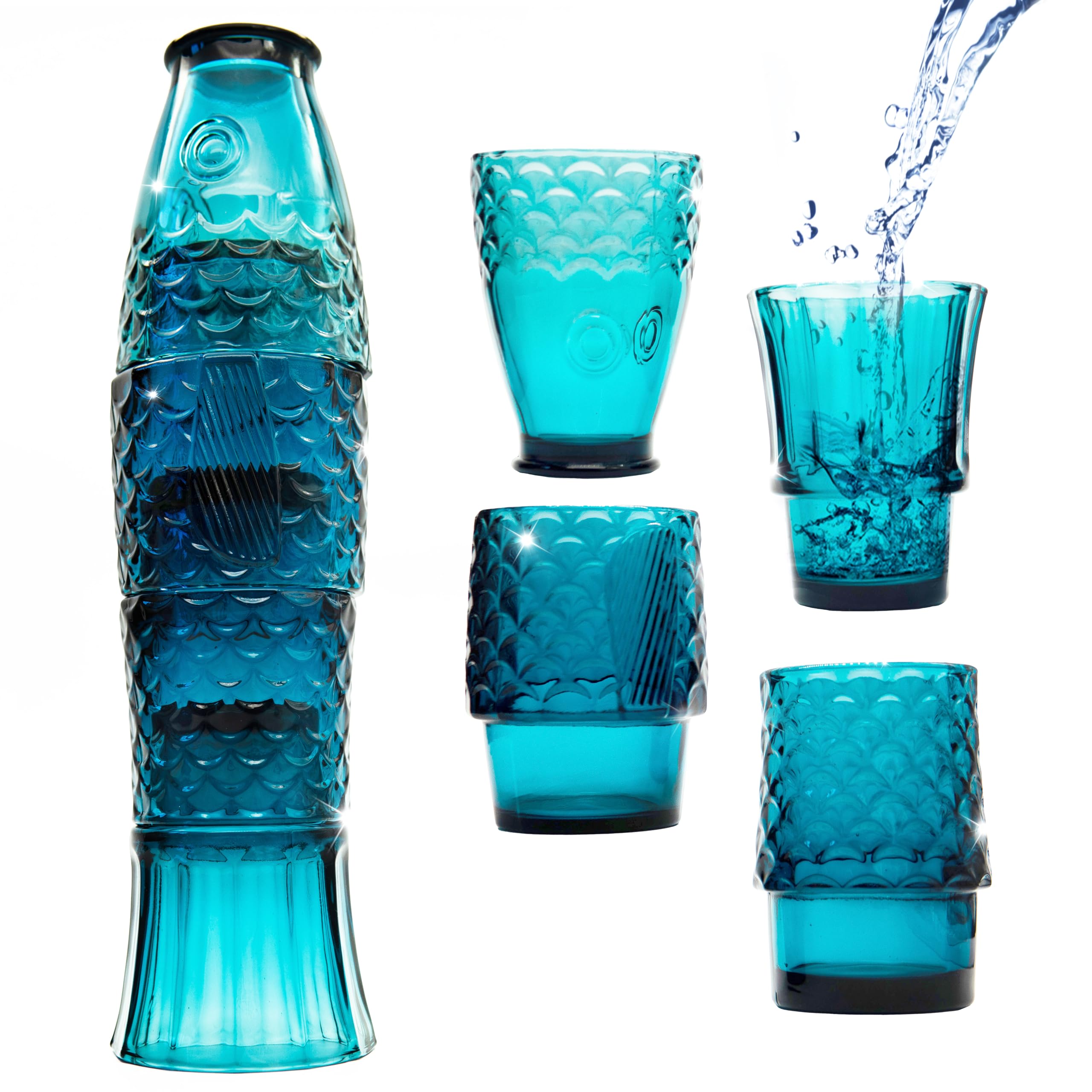 Gökotta Set of 4 | Handmade Stacking Koi Carp Fish Cocktail Glasses | Drinking Tumblers | Retro Fun Quirky Gift Present | Dinner Party Water Juice Coffee Mugs Cups | 4PCS 250ml (Blue)