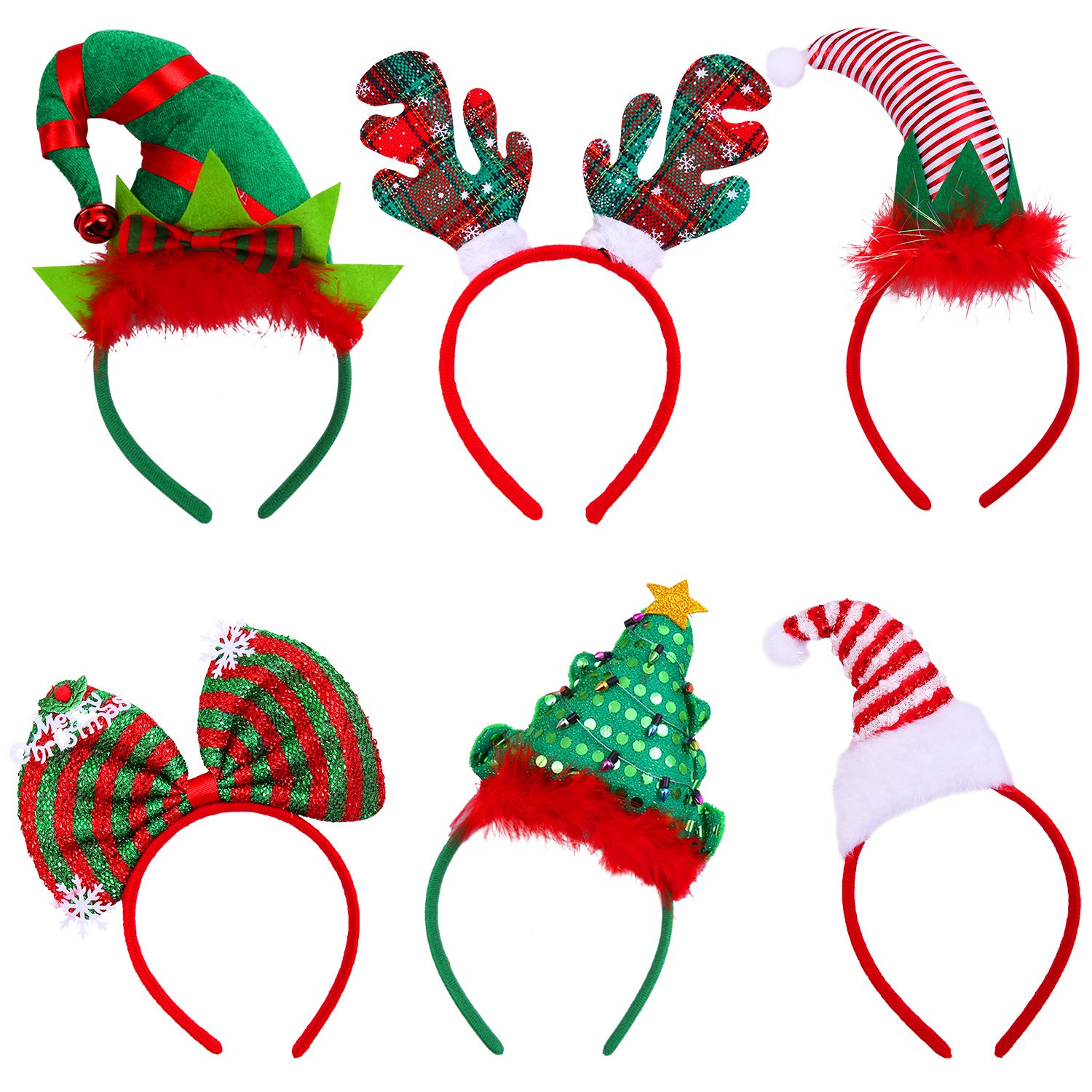 ELCOHO 6 Pack Christmas Headbands - Xmas Party Hat & Reindeer Antlers Headband for Christmas Party Decoration