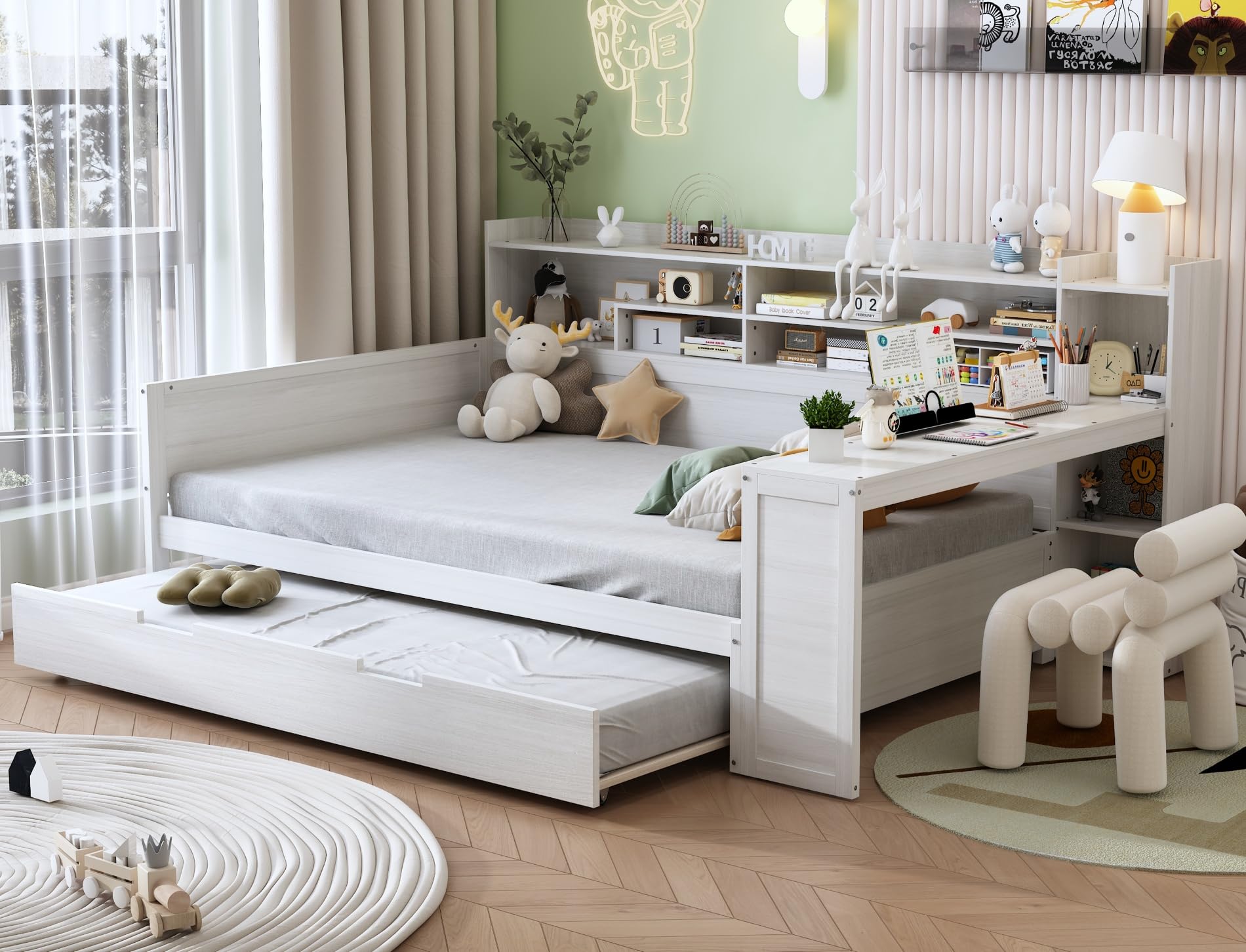 Photo 1 of ***ONLY BOX 2, MISSING BOX 1 OF 2**Merax Twin Size Corner Bed Frames with Desk and Trundle & Storage Shelves Headboard, Pinewood U-Shaped Captain Daybed for Small Room, Bedroom, Guest Room, Kids' Room, White