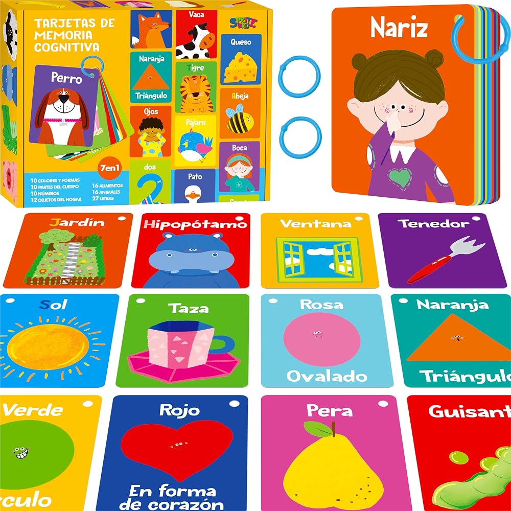 SpriteGru 51 Pcs Spanish Cognitive Flashcards 7 in 1 with 2 Rings