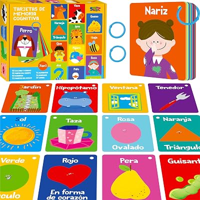SpriteGru 51 Pcs Spanish Cognitive Flashcards 7 in 1 with 2 Rings
