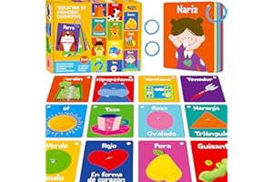 SPRITEGRU 51 PCS Spanish Baby Cognitive Flashcards, Double Sided Printed 7 in 1 Colorful Cards Alphabet, Numbers, Foods, Animals, Shapes, Colors with 2 Reclosable Rings, Learning Tool for Toddlers