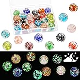 UHOMENY 22 Pcs Assorted Glow in The Dark Beads, 12mm Luminous Crackle Glass Beads European Lampwork Round Beads Glow Crystal Loose Beads with Box for DIY Craft Bracelet Making, 11 Color