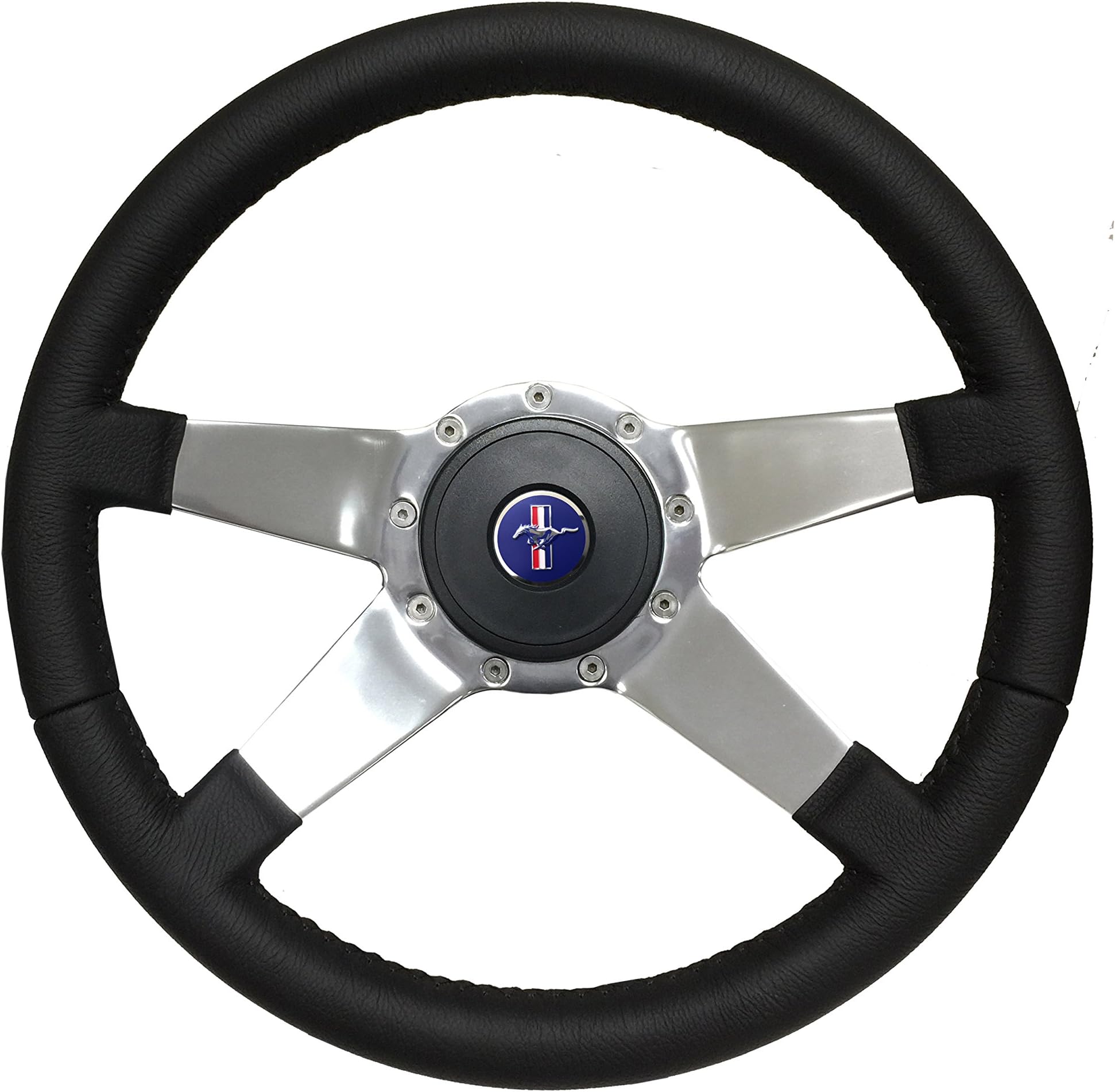 Volante S9 Leather Solid Quad Spoke Steering Wheel Kit, Blue Pony Emblem, compatible with 1984-2004 Ford Mustang
