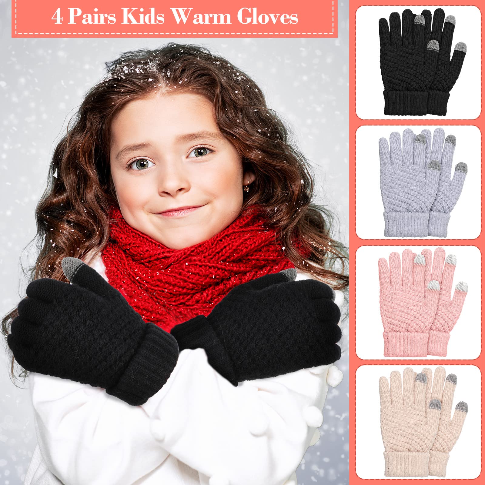 4 Pairs Kids Winter Touchscreen Gloves Warm Fleece Lined Child Knit Gloves Elastic Cuff Winter Texting for Girls Boys