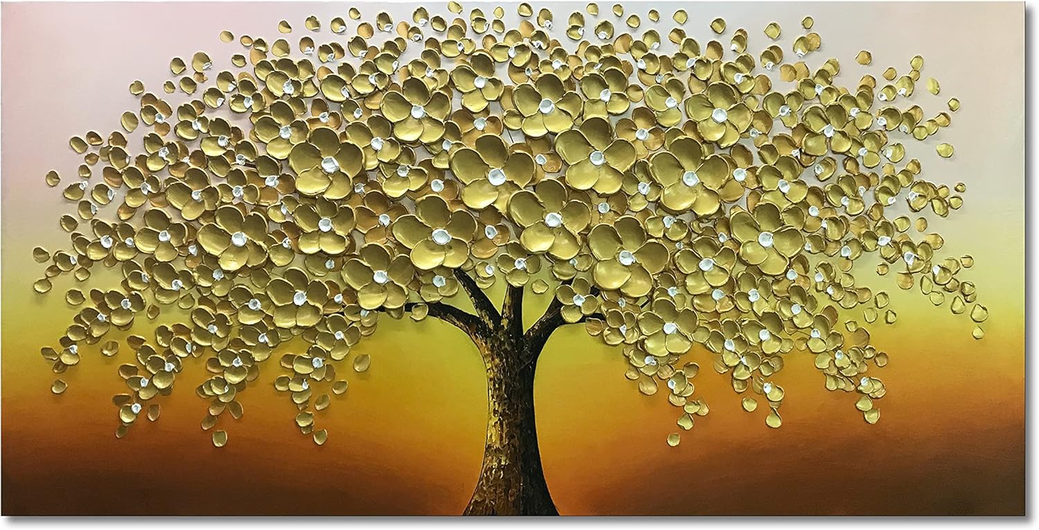 Paintings - Epicler Hand-painted flower painting canvas wall art decoration, modern golden blooming flower oil art living room bedroom kitchen wall decoration 28x40 inch