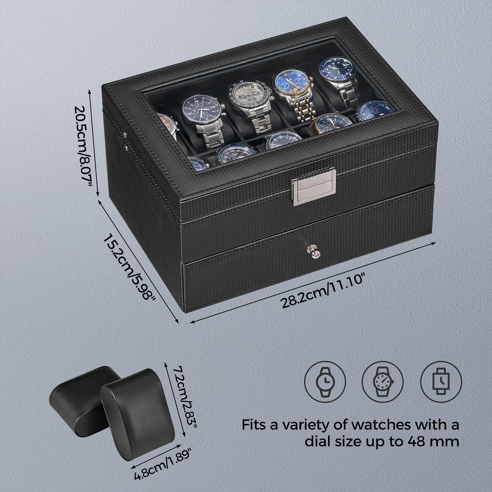 BEWISHOME Watch Case, 20-Slot Watch Box Organizer for Men Watch Case with Large Glass Lid Watch Travel Case Removable Watch Pillows, Mens Jewelry Box Watch Display Case, Watch Storage, Black SSH04C