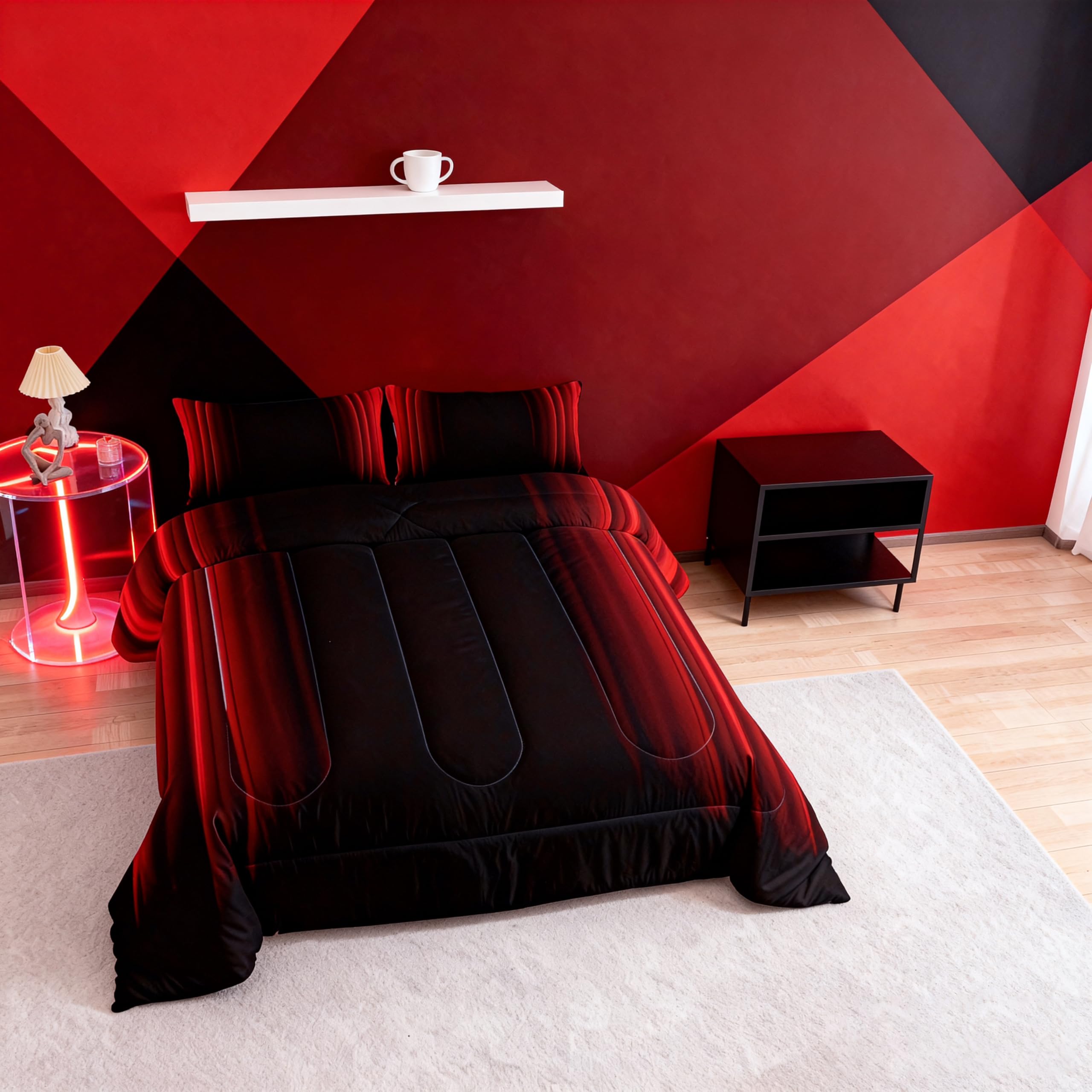Loussiesd Geometric Abstract Ombre Down Duvet Set Kids Teens Red and Black Bedding Set Room Decor Duvet Insert 2Pcs Single Size