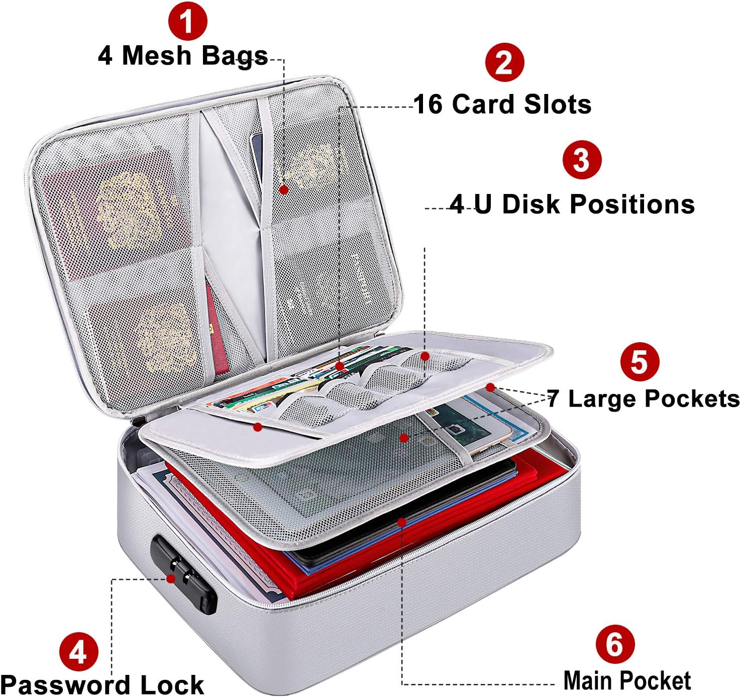 ENGPOW File Storage Bags, Fireproof Document Organizer Bag with Money Bag, Home Office Travel Safe Bag with Lock, Multi-Layer Portable Filing Storage for Important File Passport Certificates : Office Products