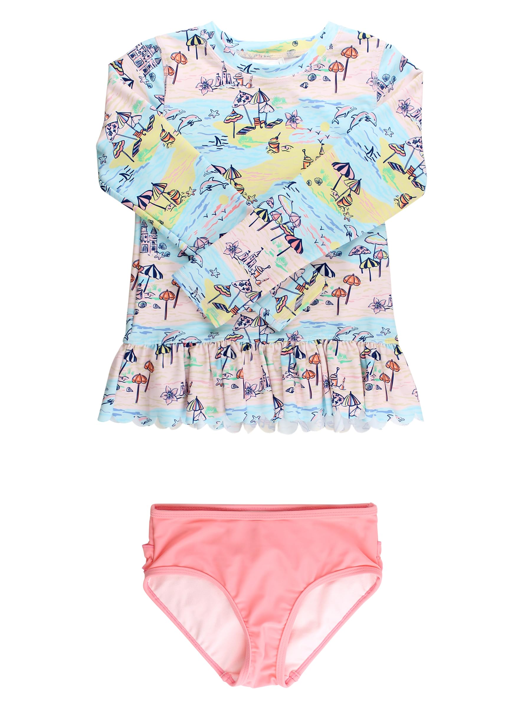 RuffleButts Baby/Toddler Girls Scalloped Long Sleeve Rash Guard 2-Piece UPF50+ Sun Protected Swimsuit - Beach Day, 7 Image