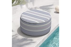 TWLEAR Indoor/Outdoor Inflatable Ottoman, All Weather Ottoman Pouf D31 x H14 inch, Round Foot Rest Ottoman, Portable Footstool for Patio, Garden, Porch, Home, Stripe Denim Blue