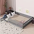 Queen Floor Bed with Safety Guardrails for Kids, Rubber Wood Montessori Bed with Slats and Convertible Door,Queen Size Bed Frame for Girls and Boys,No Box Spring Needed,Grey