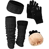 Shihanee 3 Pack Fleece Lined Leg Warmers Headband Gloves Set Warm Knit Fleece Cable Accessory for Winter Skating Daily Wear