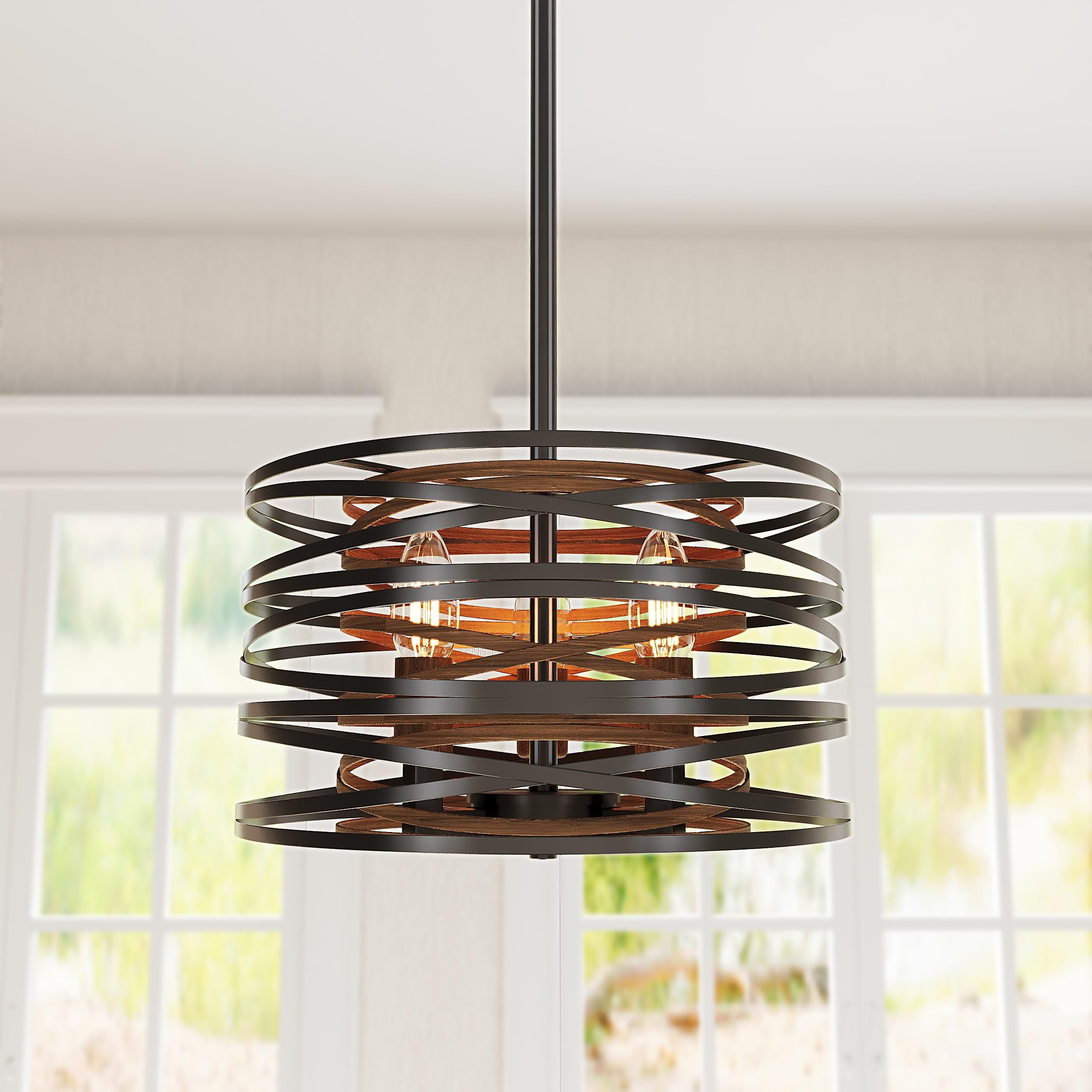 Photo 1 of **SCRAPES FROM TRANSPORT **12.6" Farmhouse Chandelier for Dining Room,3-Light Drum Pendant Light with Wood Grain Interior,Rustic Kitchen Chandelier Over Table,Entryway Foyer Bedroom Living Room Dining Room Light Fixture