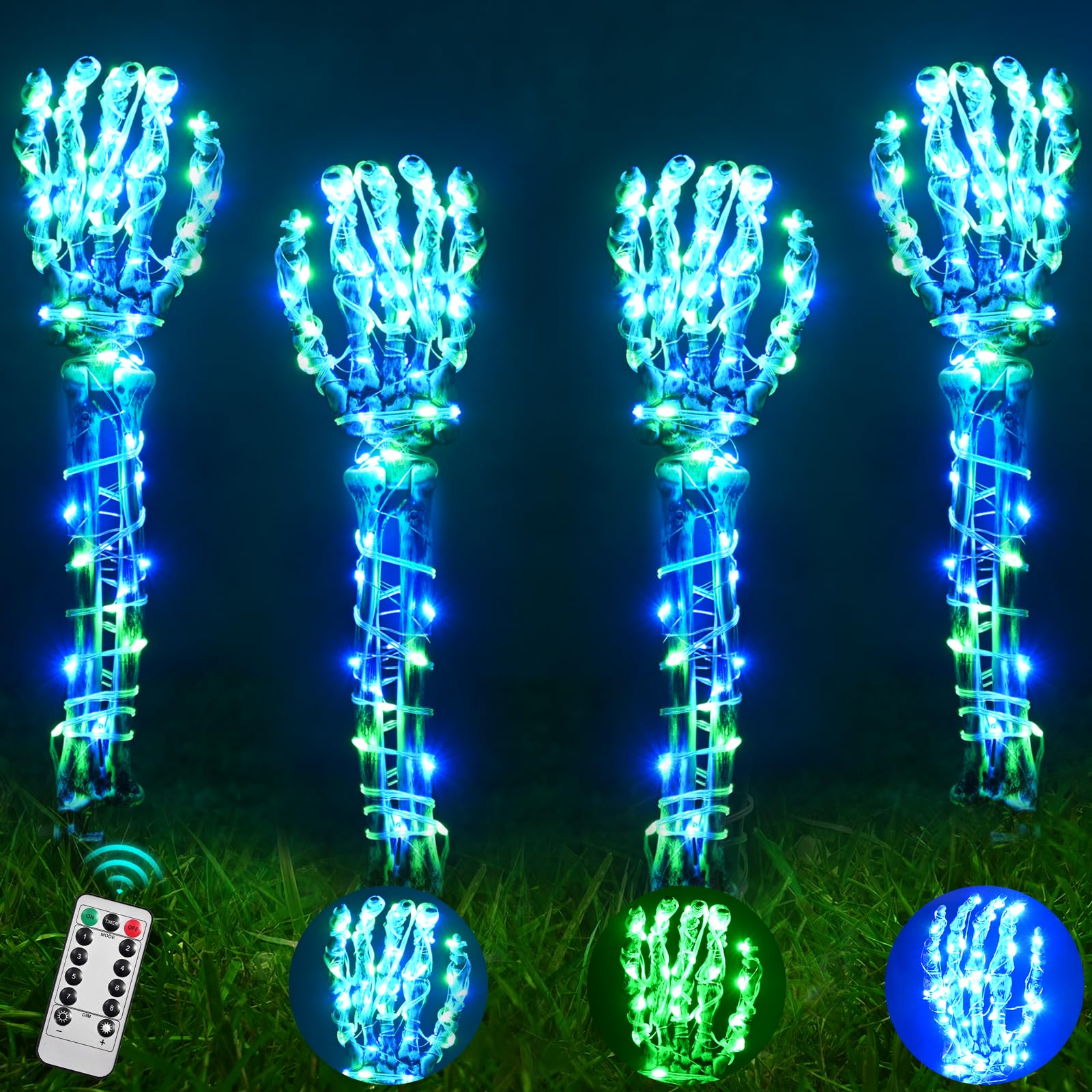 Photo 1 of Halloween Remote Lighted Skeleton Hands Set, Sinranac 4 Pack Light Up Skeleton Arm Stakes, 300 LED Green & Blue Lights with 8 Modes, Realistic Halloween Yard Outdoor Decorations Graveyard Garden