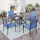 SUNSHINE VALLEY 5pc Patio Dining Set, 37" Square Table &amp; 4 Blue Chairs | Outdoor metal table w/ umbrella hole, Textilene chairs. Waterproof, rust-resistant, all-weather for backyard and deck