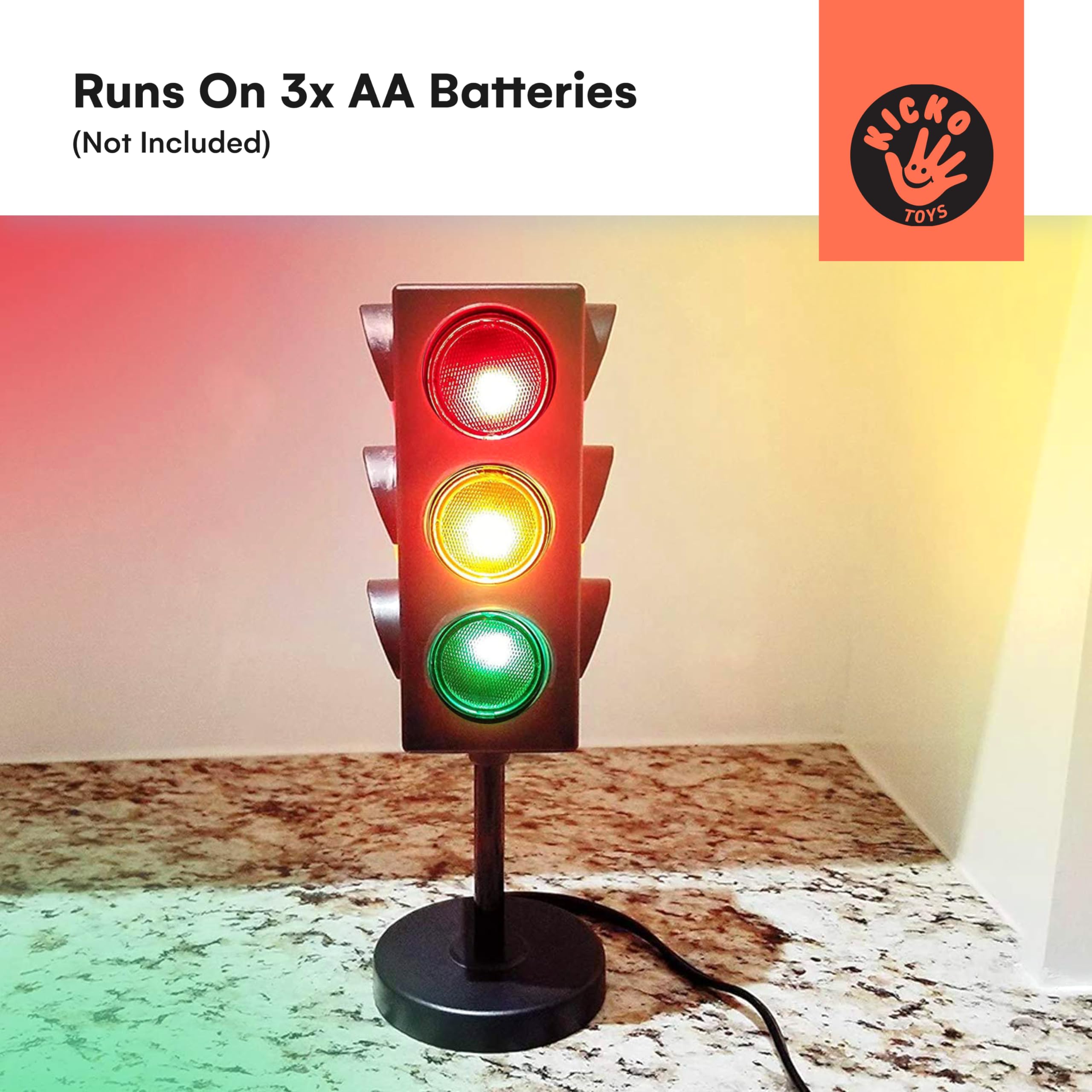 Kicko 11-Inch Traffic Lights Lamp with Base - 4-Mode Color Changing Stop Light Lamp for Kids’ Bedroom, Party Decoration or Playroom - Battery or USB Powered Mini Lighting - Ideal Traffic Light Decor