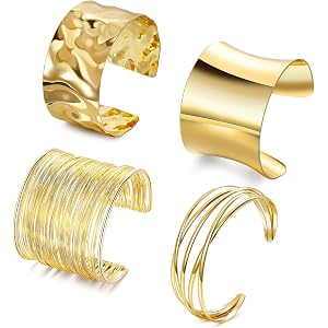 Vegolita 4PCS Chunky Cuff Bracelets for Women Open Wide Bangle Bracelets Irregular Minimalist Statement Bangle Bracelet Set G